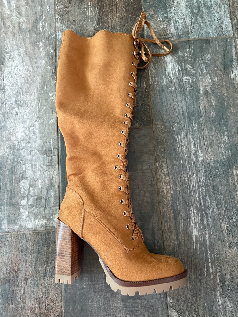 Tall Lace-Up faux Suede Heeled Boots in Cognac by JLo Jennifer Lopez - Picture 3 of 9